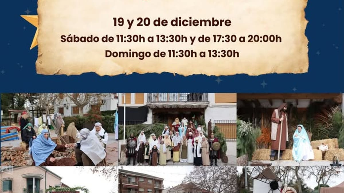 Cartel del VII Belén Viviente de Arroyomolinos con información de participación y horarios para el 19 y 20 de diciembre en la Plaza de España