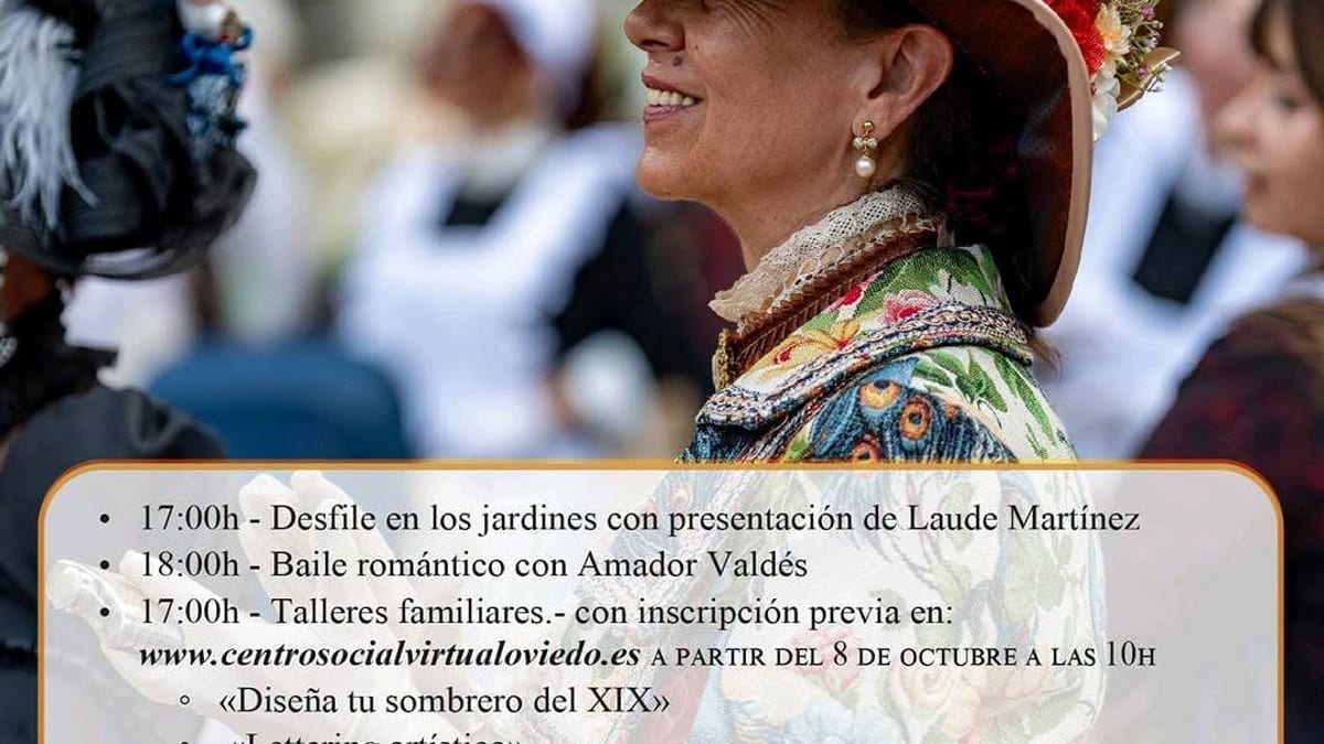 Cartel de la fiesta de época del siglo XIX en Villa Magdalena con programa de desfile, baile romántico, talleres familiares y charla histórica