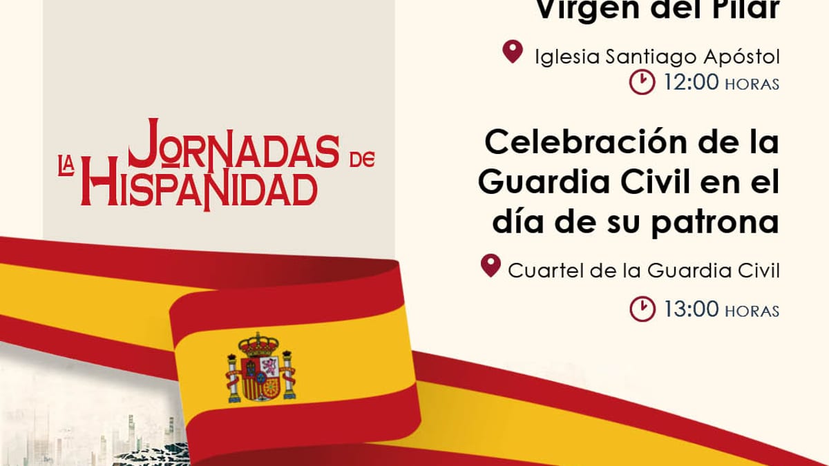 Cartel de las Jornadas de la Hispanidad de Villaviciosa de Odón del 12 de octubre con programa de actos en honor a la Virgen del Pilar y la Guardia Civil