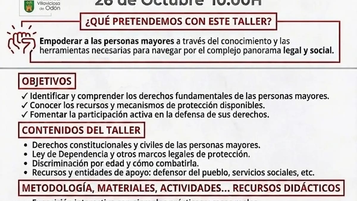 Cartel informativo del taller 'Conoce tus derechos' para personas mayores de Villaviciosa de Odón