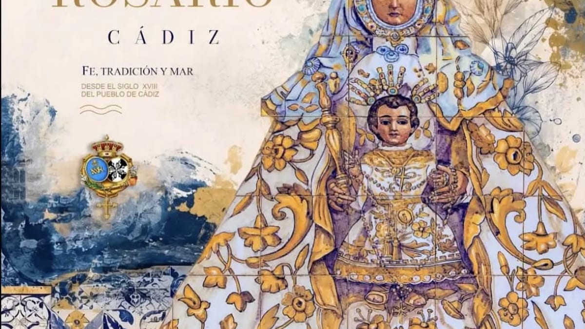 Decoración del Compás de Santo Domingo en Cádiz con gallardetes y reposteros para la celebración de la Virgen del Rosario