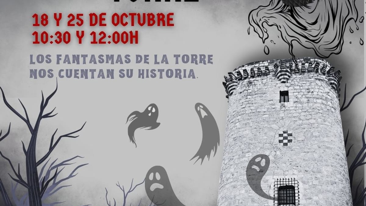 Cartel promocional de la visita especial Halloween a la Torre de Pinto con los fantasmas de la Torre, 18 y 25 de octubre a las 10:30 y 12:00 horas