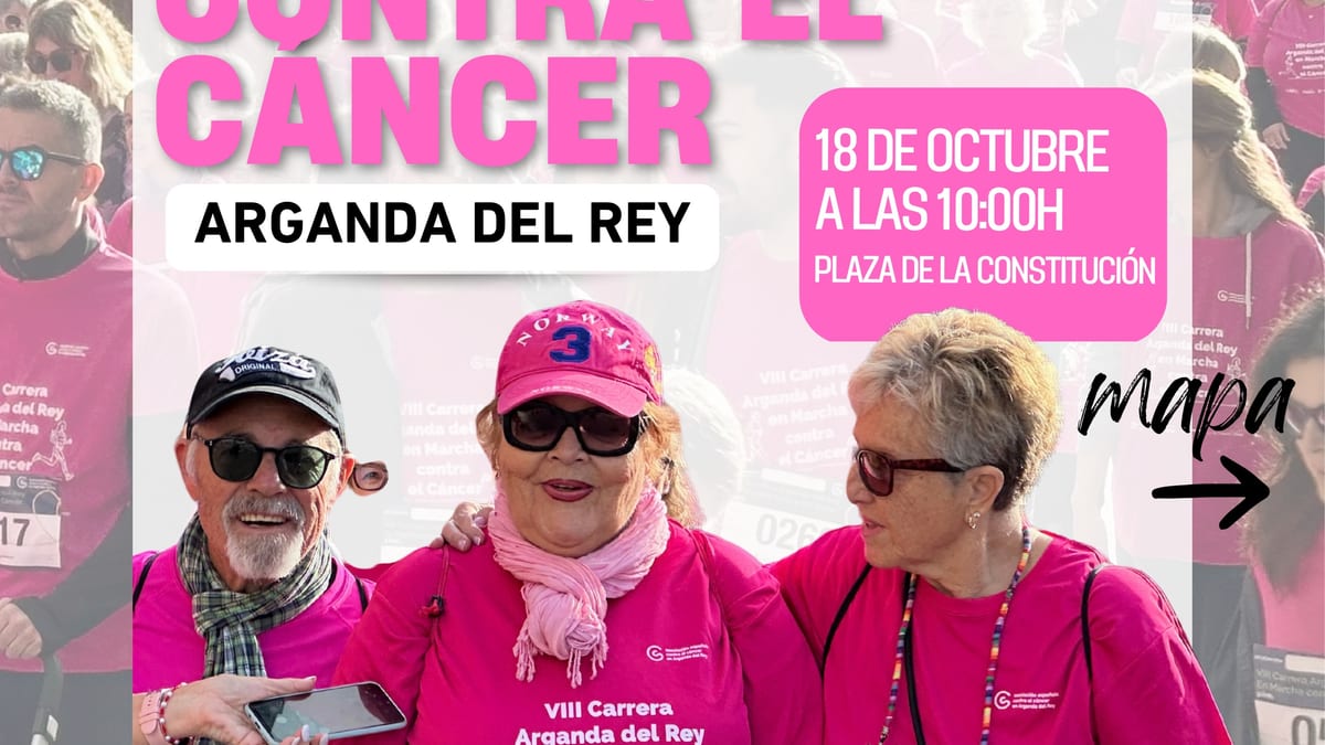 Cartel de la X Carrera contra el Cáncer de Arganda del Rey con fecha 18 de octubre a las 10:00 horas, salida en Plaza de la Constitución, recorridos de 2 y 5 km
