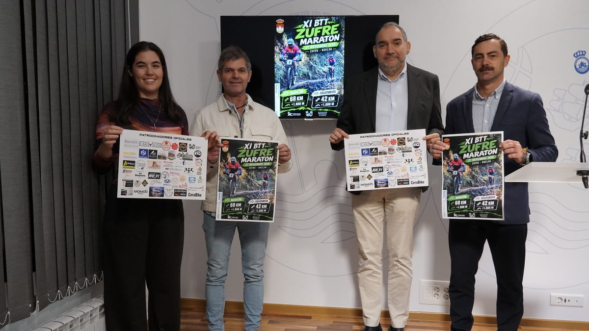 Cartel promocional de la XI BTT Maratón de Zufre con información de rutas y patrocinadores