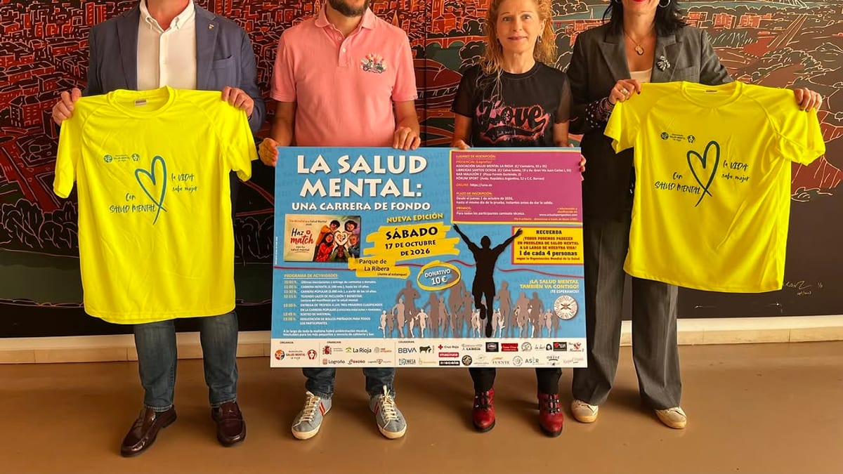 Cartel promocional de la XI edición del reto solidario 'La salud mental: Una carrera de fondo', con camisetas amarillas, indicando sábado 17 de octubre a partir de las 9:30 horas en el Parque de La Ribera de Logroño