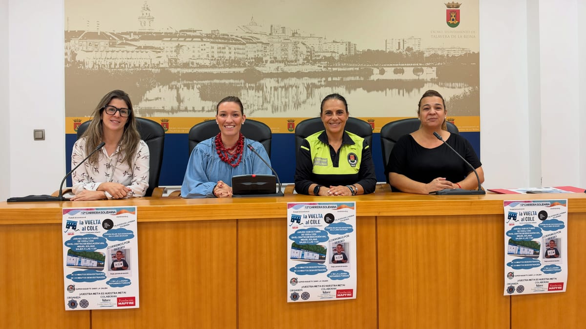 Cartel promocional de la XII Carrera Solidaria 'La Vuelta al Cole de Uno entre cien mil' con logos del Ayuntamiento de Talavera de la Reina y MAPFRE