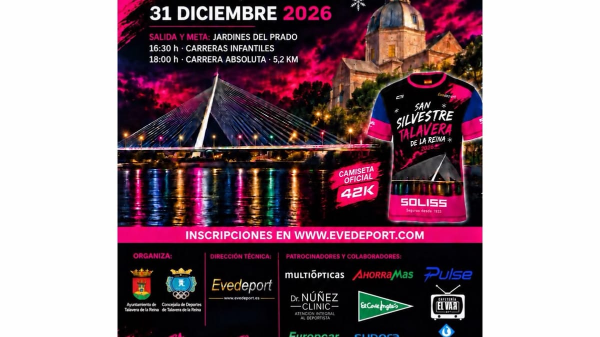 Cartel promocional de la XLIV San Silvestre de Talavera con información de horarios, salida y meta en Jardines del Prado