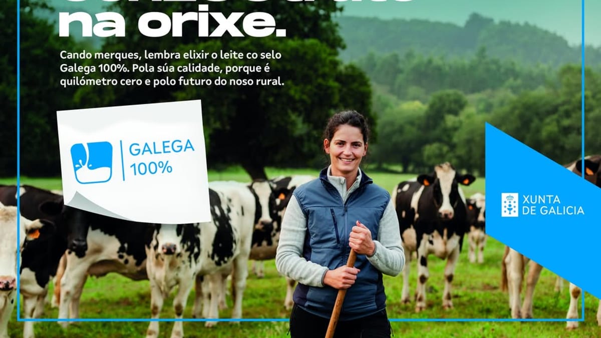 Cartel de la campaña Con100trate na orixe de la Xunta de Galicia promocionando leche gallega 100%