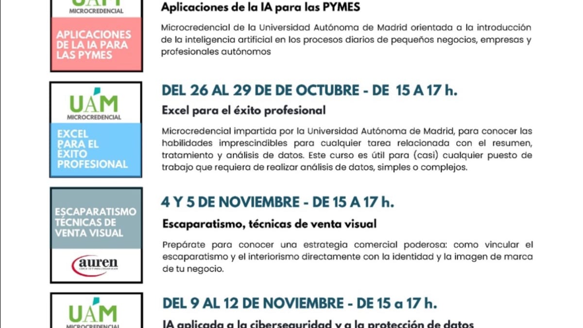 Cartel XVI Escuela Empresarial y Comercial de Colmenar Viejo 2026 con programación de cursos de IA y formación para pymes