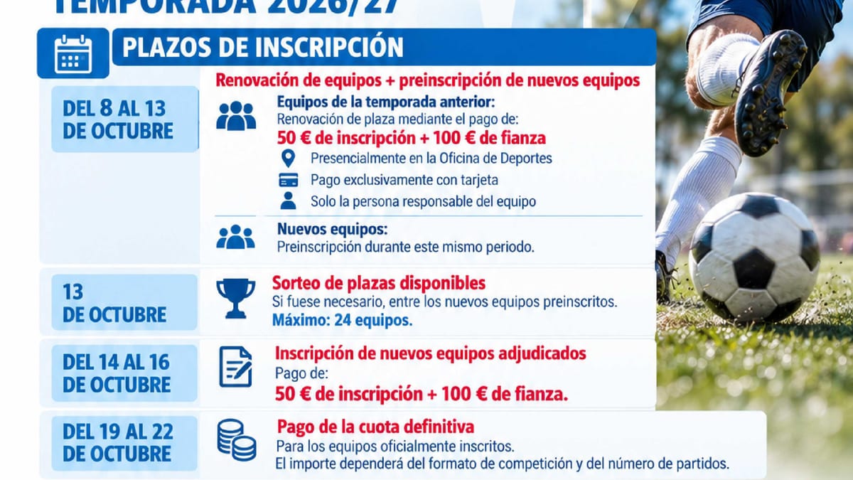 Cartel informativo de la XVIII Liga Local de Fútbol 7 de Paracuellos de Jarama con plazos de inscripción y precios de la temporada 2026-27