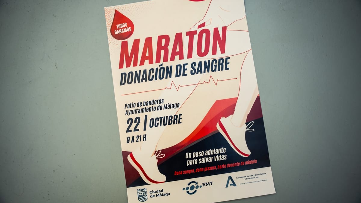Cartel de la XVIII Maratón de Donación de Sangre del Ayuntamiento de Málaga, 22 de octubre, Patio de Banderas de 9 a 21 horas