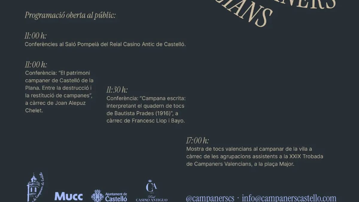 Cartel de la XXIX Trobada de Campaners Valencians de Castelló de la Plana del 14 de novembre con programación de conferencias y mostra de toques