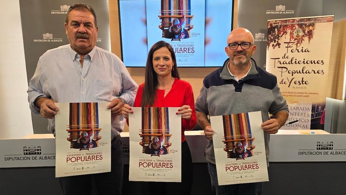 Cartel promocional de la XXVII Feria de Tradiciones Populares de Yeste con información sobre el evento del 23 al 25 de octubre, destacando la Diputación de Albacete como organizador