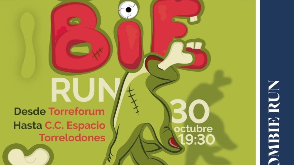 Cartel de la Zombie Run de Torrelodones del 30 de octubre con información de salida desde Zona Joven Torreforum y llegada a Centro Comercial Espacio Torrelodones