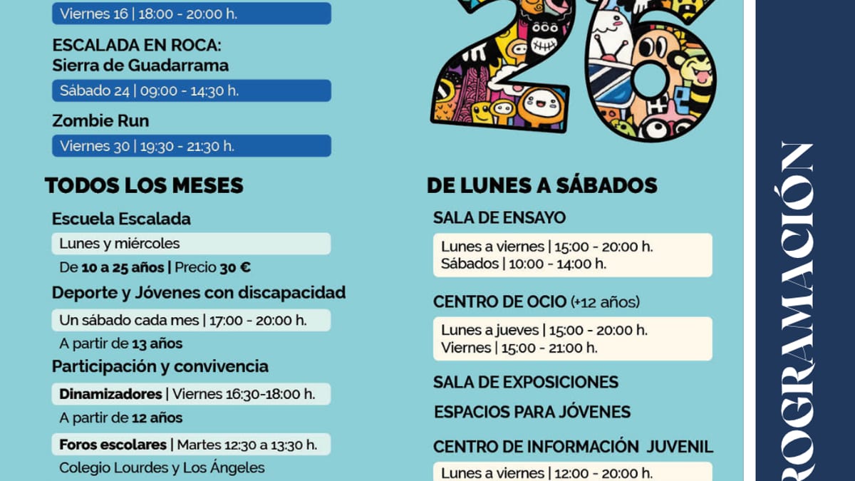 Cartel de la programación de octubre de Zona Joven Torreforum con actividades de talleres creativos, escalada en roca y Zombie Run