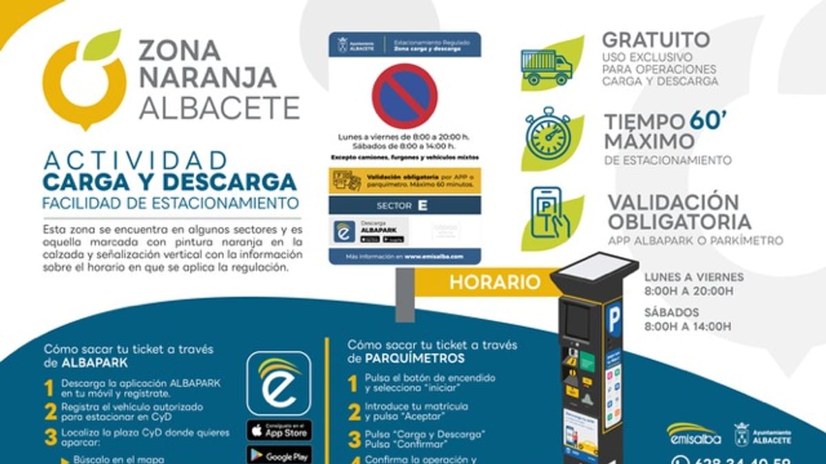 Cartel informativo de la Zona Naranja de Albacete con detalles sobre regulación de carga y descarga, horarios y formas de validación